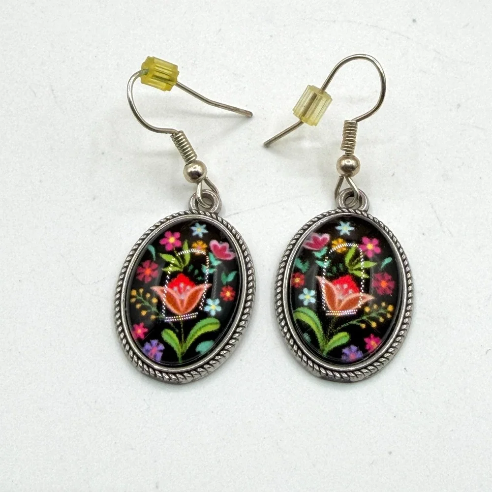 Floral Folk Art Earrings Black Multicolor Flower Oval Silver Tone Dangle Pair